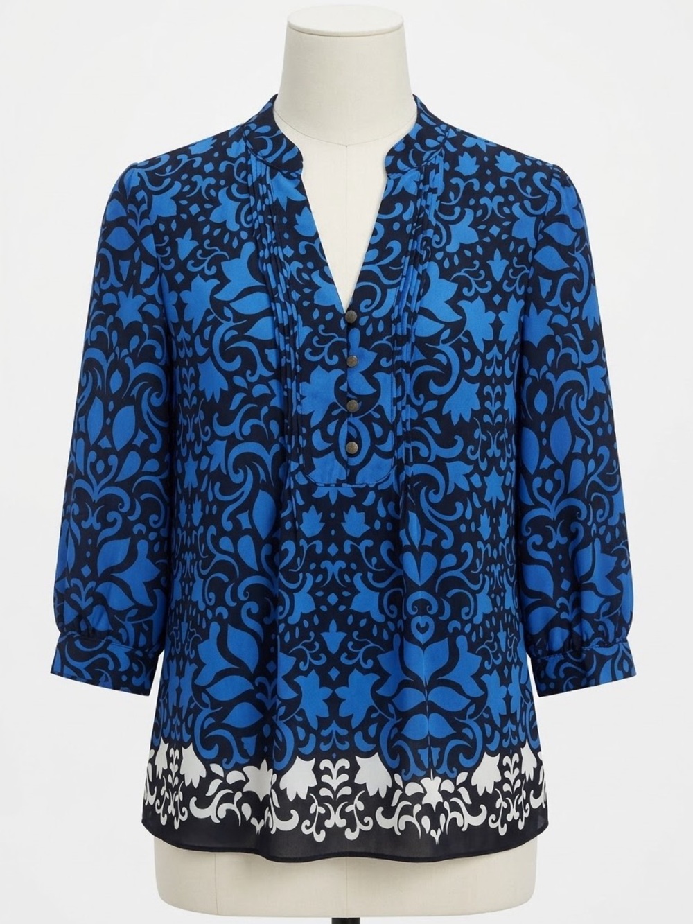 Banana Republic Retro 2010s Blue Damask Pleated Blouse NWOT Petite XS